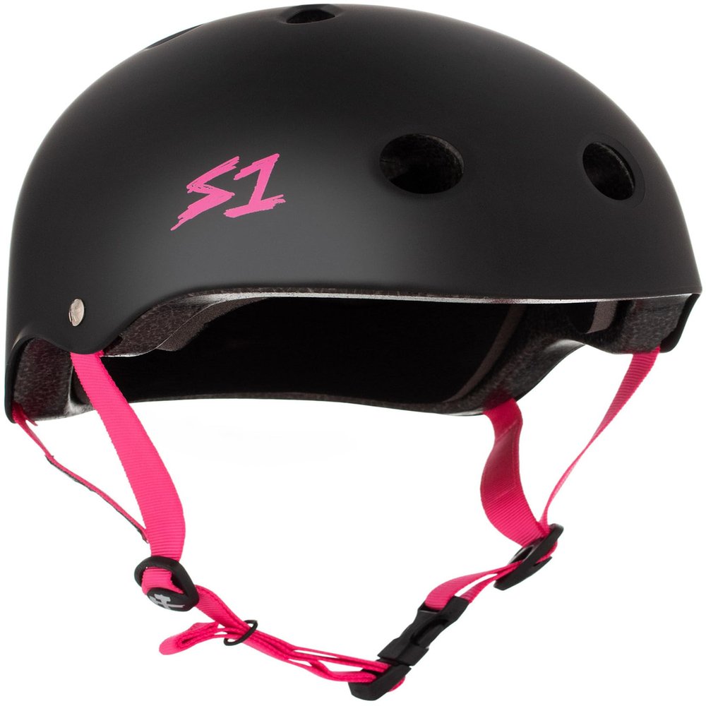 S1 Lifer Helmet for Skateboarding, BMX, and Roller Skating - EPS Fusion Foam, CPSC & ASTM Certified - Black Matte w/Pink Straps X-Large (22.5")