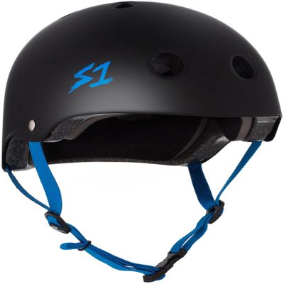S1 Lifer Helmet for Skateboarding, BMX, and Roller Skating - EPS Fusion Foam, CPSC & ASTM Certified - Black Matte w/Cyan Straps Medium (21.5")