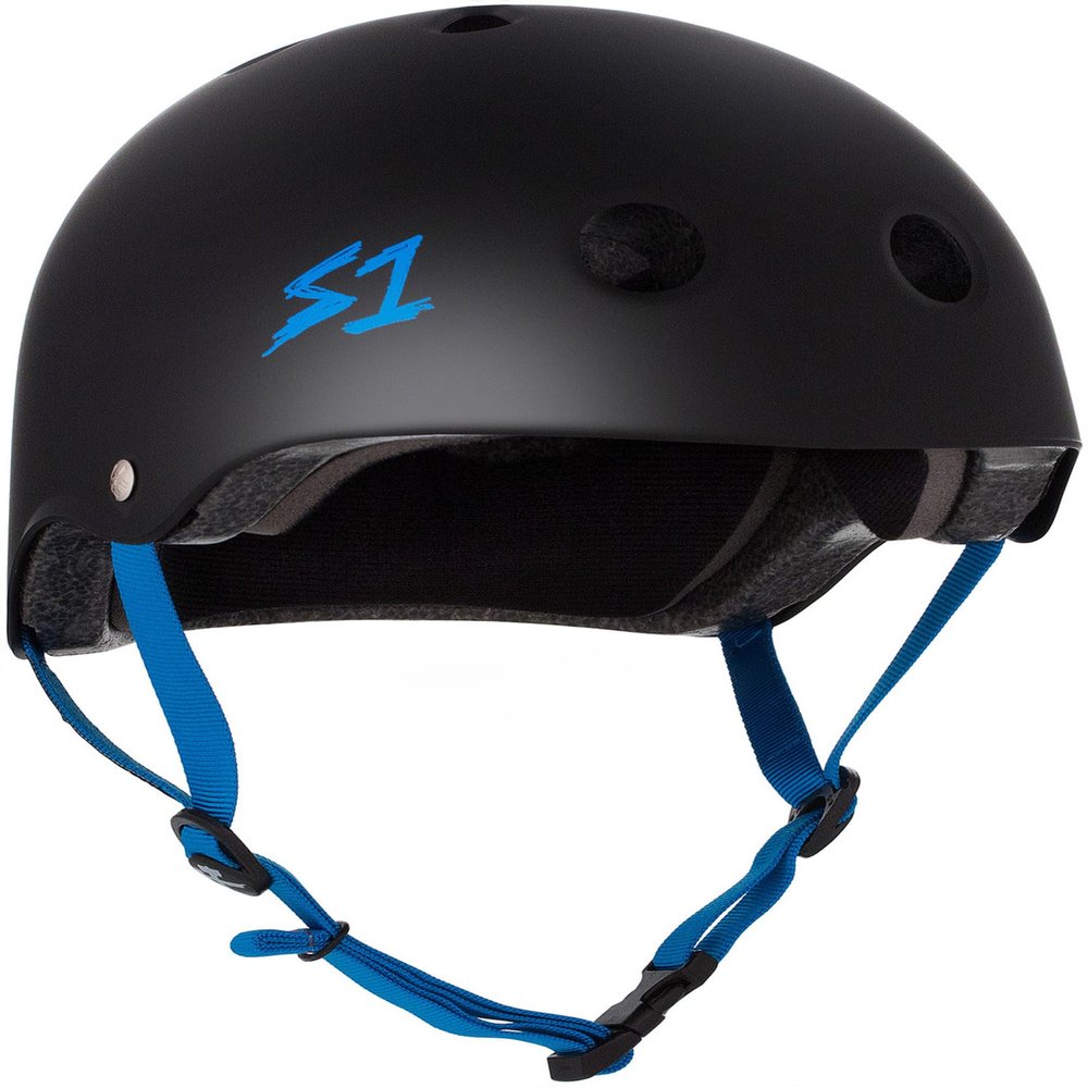 S1 Lifer Helmet for Skateboarding, BMX, and Roller Skating - EPS Fusion Foam, CPSC & ASTM Certified - Black Matte w/Cyan Straps Medium (21.5")