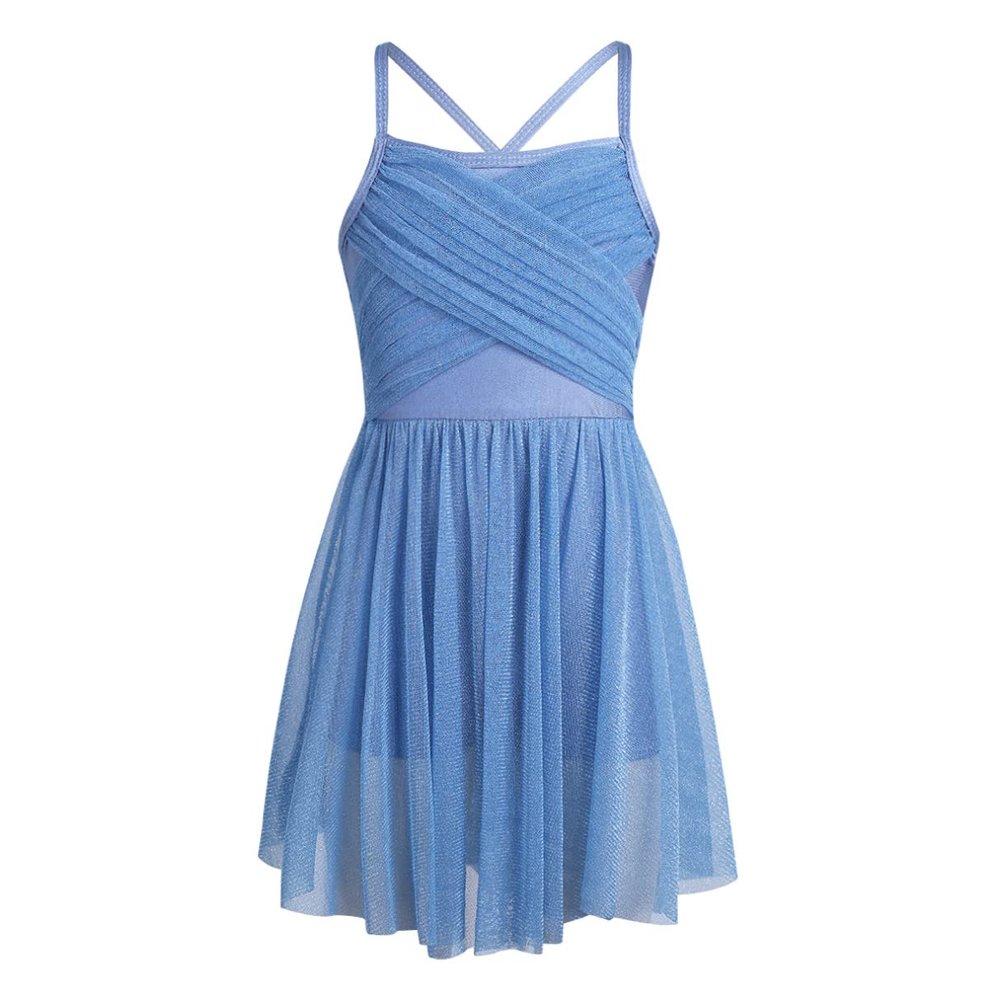 Sxiwei Kids Girls Glittery Mesh Spaghetti Shoulder Straps Ballet Dance Dress Stage Performance Costume Light Blue 10 Years