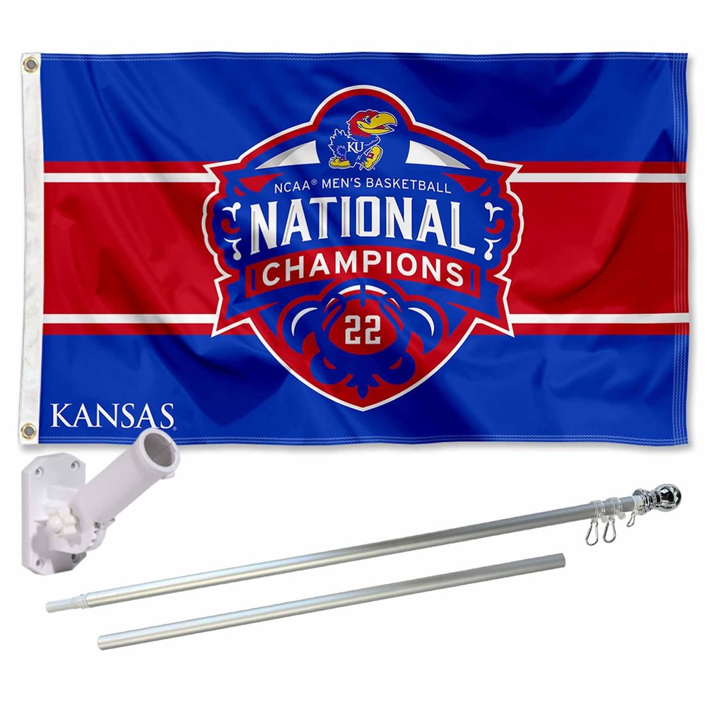 Kansas KU Jayhawks Mens Basketball 2022 National Champions Flag with Pole and Bracket Holder University Set