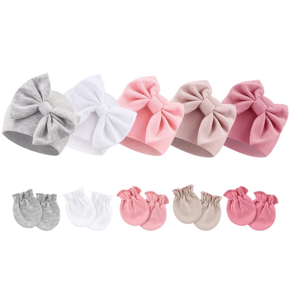 BQUBO Newborn Baby Girls Hats Mittens Set Hospital Hat Beanie Infant Bow Hats Baby Cotton Gloves No Scratch Mittens for 0-6 Months