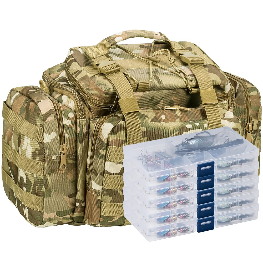Dr.Fish Fishing Tackle Bag 5 Boxes with 60 Lures Included Loaded Stocked Tackle Box Set Spinner Kit Freshwater Gear Equipment Tan Camo Large