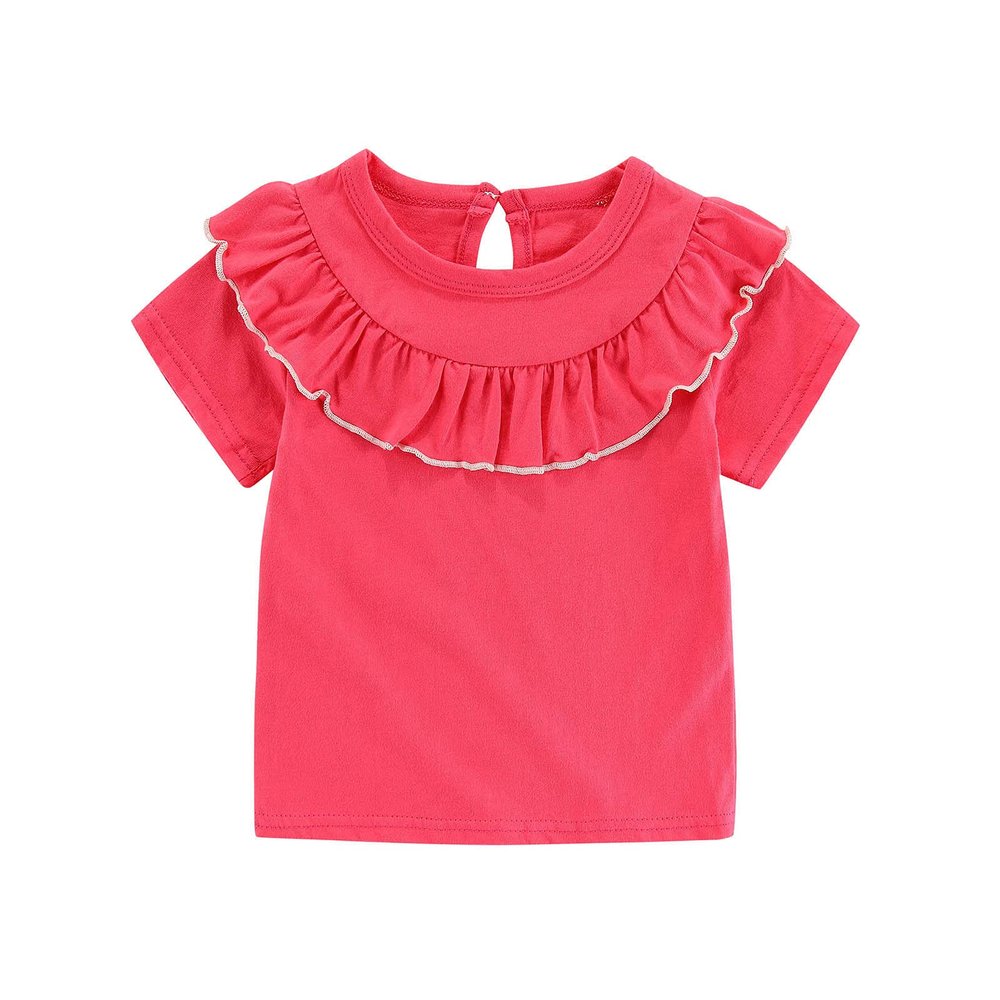 Kids Girls Summer Short Sleeve Tops Solid Color Falbala Ruffles Leisure T-Shirt Pullover Blouse Clothes(Hot Pink,5-6 Years)