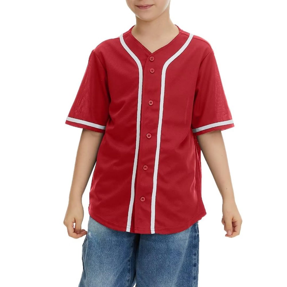 jeecoin Kids Baseball Jersey Button T Shirts Hip Hop Hipster Casual Sports Uniforms Short Sleeve Shirts for Boys Girls Red