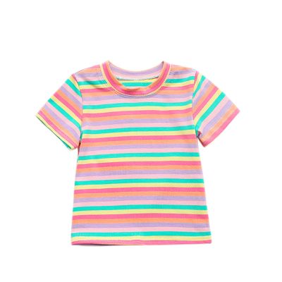 Toddler Kids Girls Short Sleeve Tops Rainbow Stripe Round Neck Tee Shirts Blouse Summer Casual Clothes(Green,1-2 Years)