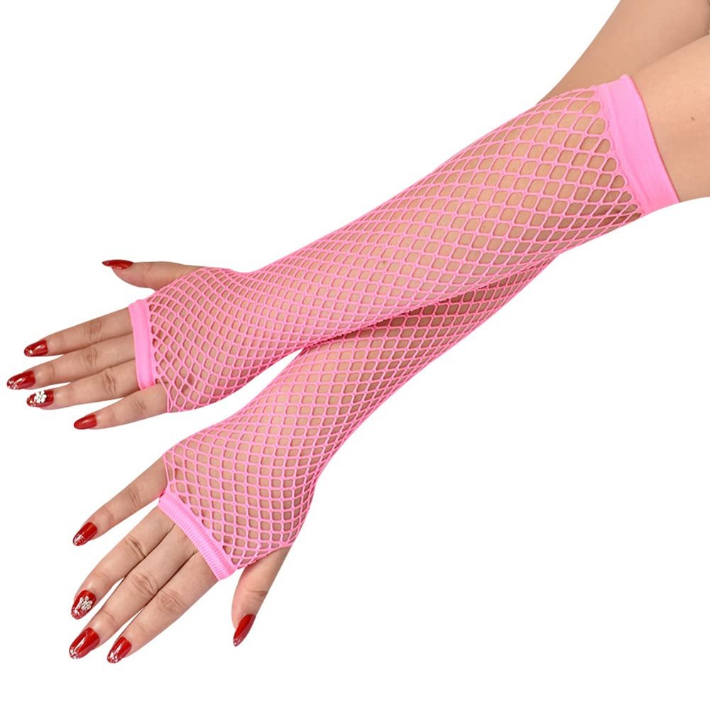 Lastclream 80s Fishnet Sleeves for Women Cosplay Costume Party Accessories Fingerless Mesh Fishnet Gloves (Pink)