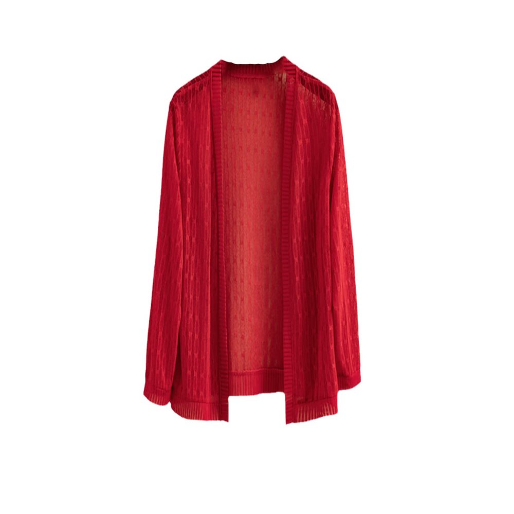 Summer Women Short Cardigan Kimono Jacket Solid Color Mesh See Through Lace Jackets Coat Red