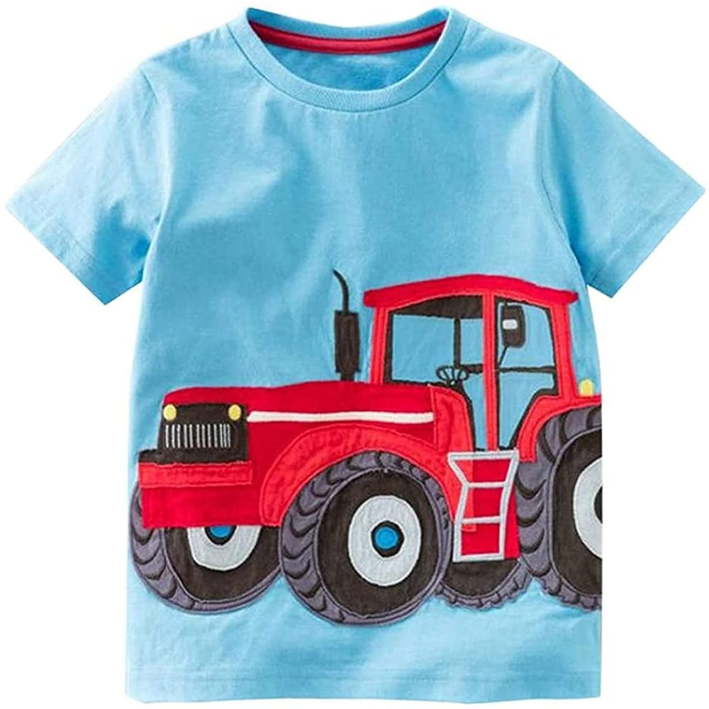 Little Baby Boys Summer Clothes T-Shirt Cotton Short Sleeve Blouse Funny Print Tops Clothes for Toddler Kids 2-10 Years (Light Blue Tractor,5T)