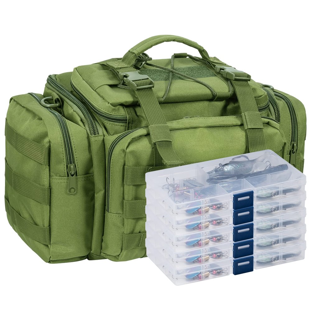 Dr.Fish Fishing Tackle Bag 5 Boxes with 60 Lures Included Loaded Stocking Box Kit Freshwater Lure Gear Equiments Bass Spinner Organizer Green Larger