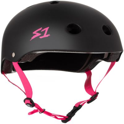 S1 Lifer Helmet for Skateboarding, BMX, and Roller Skating - EPS Fusion Foam, CPSC & ASTM Certified - Black Matte w/Pink Straps XX-Large (23")