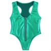Oyolan Women Shiny Metallic Bodysuit Swimsuit One Piece High Cut Thong Bathing Suit Front Zipper Leotard Green One Size view 4