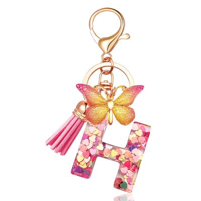 JINGUAZI Initial letter Keychains for Women Tassel Butterfly Pink Cute Car Keychain for Wallet Purses Backpack (Pink H)