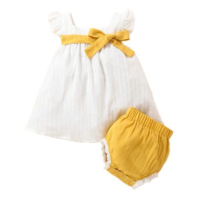 ACSUSS Baby Girls Fly Sleeve Bowknot Decor Cotton Line Dress with Diaper Cover Bloomers Summer Outfit Yellow 12-18 Months