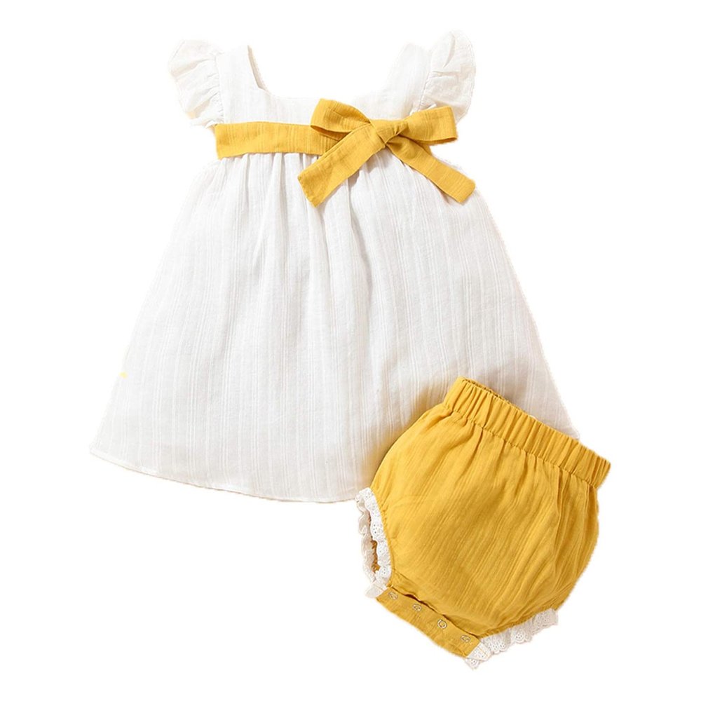 ACSUSS Baby Girls Fly Sleeve Bowknot Decor Cotton Line Dress with Diaper Cover Bloomers Summer Outfit Yellow 12-18 Months