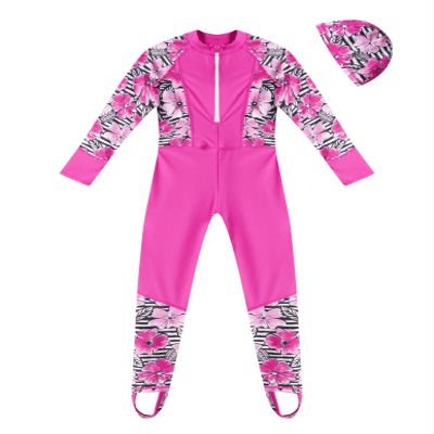 Nikiikoo Kids Girls Boys One Piece Water Sports Rash Guard Swimsuit UPF 50+ Long Sleeves Full Suit Wetsuit Swimwear Hotpink with Hat 8 Years