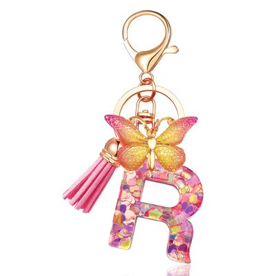JINGUAZI Initial letter Keychains for Women Tassel Butterfly Pink Cute Car Keychain for Wallet Purses Backpack (Pink R)