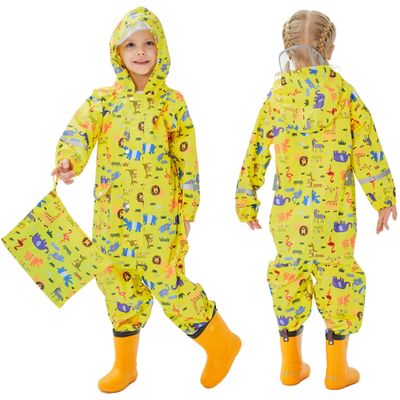 Kids Toddler Rain Suit for Boys Girls One Piece Hoodie Zipper Cartoon Waterproof Coverall Rain Jacket 1-10 Years S Size