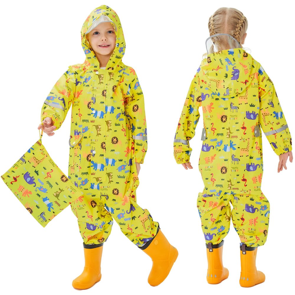 Kids Toddler Rain Suit for Boys Girls One Piece Hoodie Zipper Cartoon Waterproof Coverall Rain Jacket 1-10 Years S Size