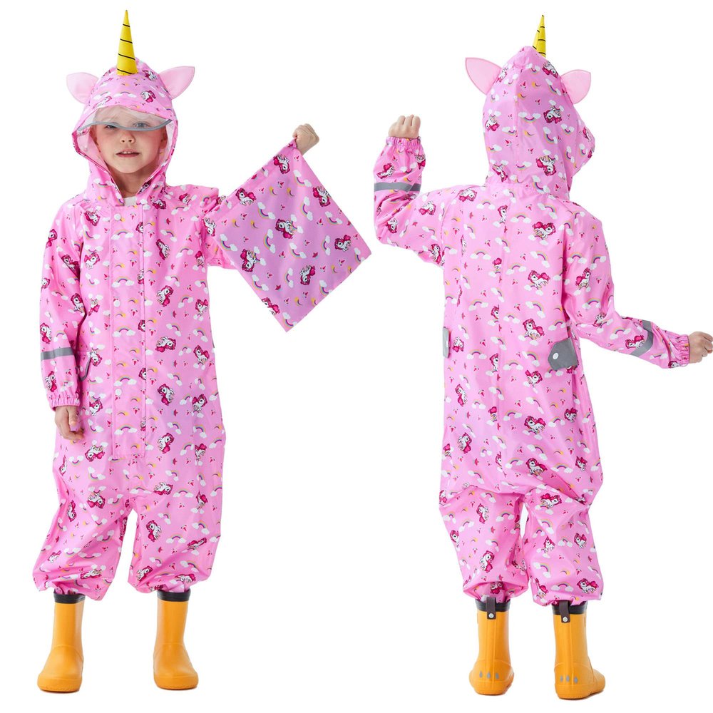 Fewlby Kids Toddler Rain Suit for Boys Girls One Piece Hoodie Zipper Cartoon Waterproof Coverall Rain Jacket 3-5 Years M Size