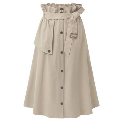 GGUHHU Womens Classic Flounced High Waist Single-Breasted A-Line Midi Skirts with Belt (Small, Khaki)