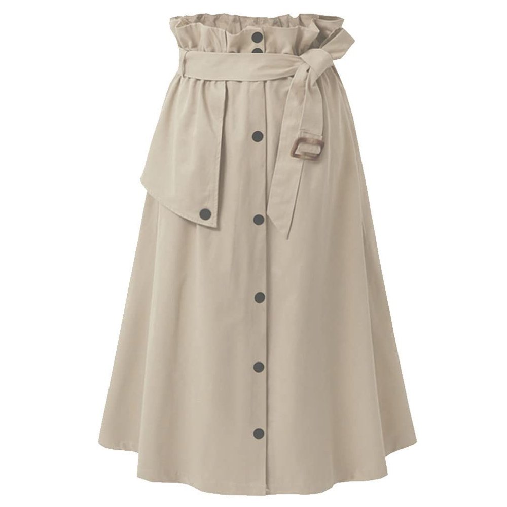 GGUHHU Womens Classic Flounced High Waist Single-Breasted A-Line Midi Skirts with Belt (Small, Khaki)