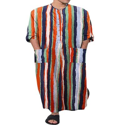 Hotmiss Men's Striped Robe Button Up Long Sleeve Kaftan Thobe Splits Long Gown Casual Shirt