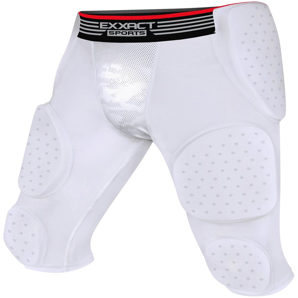 Exxact Sports Battle 7-Pad Adult Football Girdle for Men with Cup Pocket, Lightweight Padded Compression Shorts with Integrated Ultra Flex Pads, Men's Girdle Football (White, AXL)