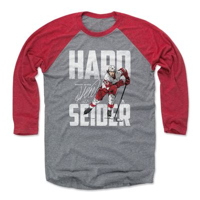500 LEVEL Moritz Seider Tee Shirt (Baseball Tee, Small, Red/Heather Gray) - Moritz Seider Detroit Hard Seider Bold WHT