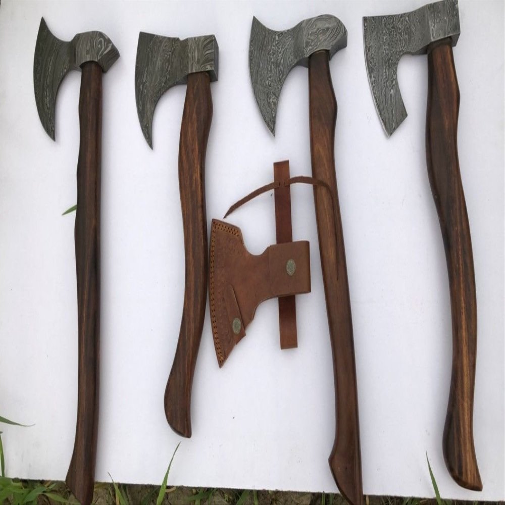 Lot of 4 Hand Forged Damascus Steel Viking Bearded Hawk Tomahawk Axes Head Camping and Hiking Hatchet Axe Head