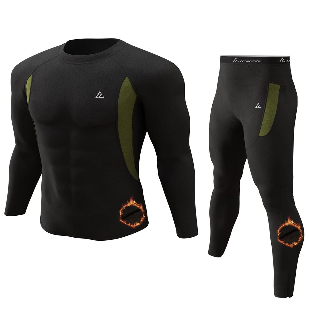 CL convallaria Thermal Underwear for Men, Long Johns Winter Hunting Gear Sport Skiing Base Layer Top and Bottom Set Midweight Black XXX-Large
