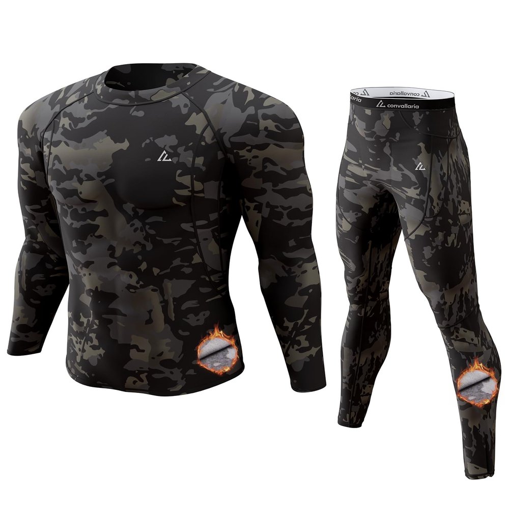 CL convallaria Thermal Underwear for Men, Long Johns Winter Hunting Gear Sport Skiing Base Layer Top and Bottom Set Midweight Camo Black Small