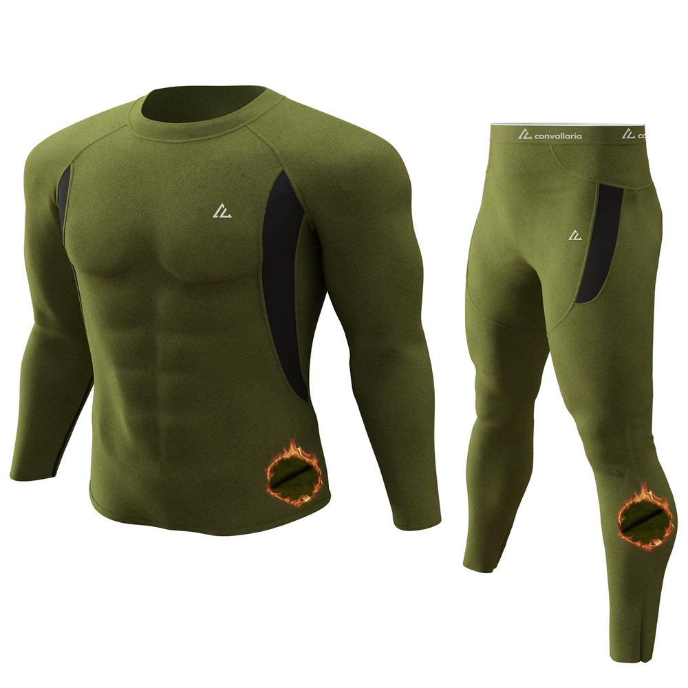 CL convallaria Thermal Underwear for Men, Long Johns Winter Hunting Gear Sport Skiing Base Layer Top and Bottom Set Midweight Army Green XXX-Large