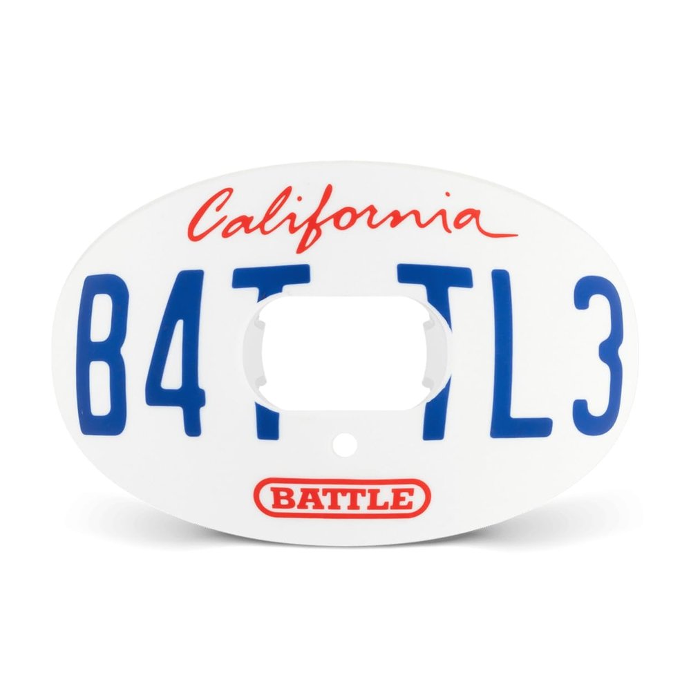 Battle Sports Oxygen Football Mouthguard - Football Mouth Guard with Strap, Superior Airflow & Better Performance, Maximum Breathability, Works with Braces - California Plate/White