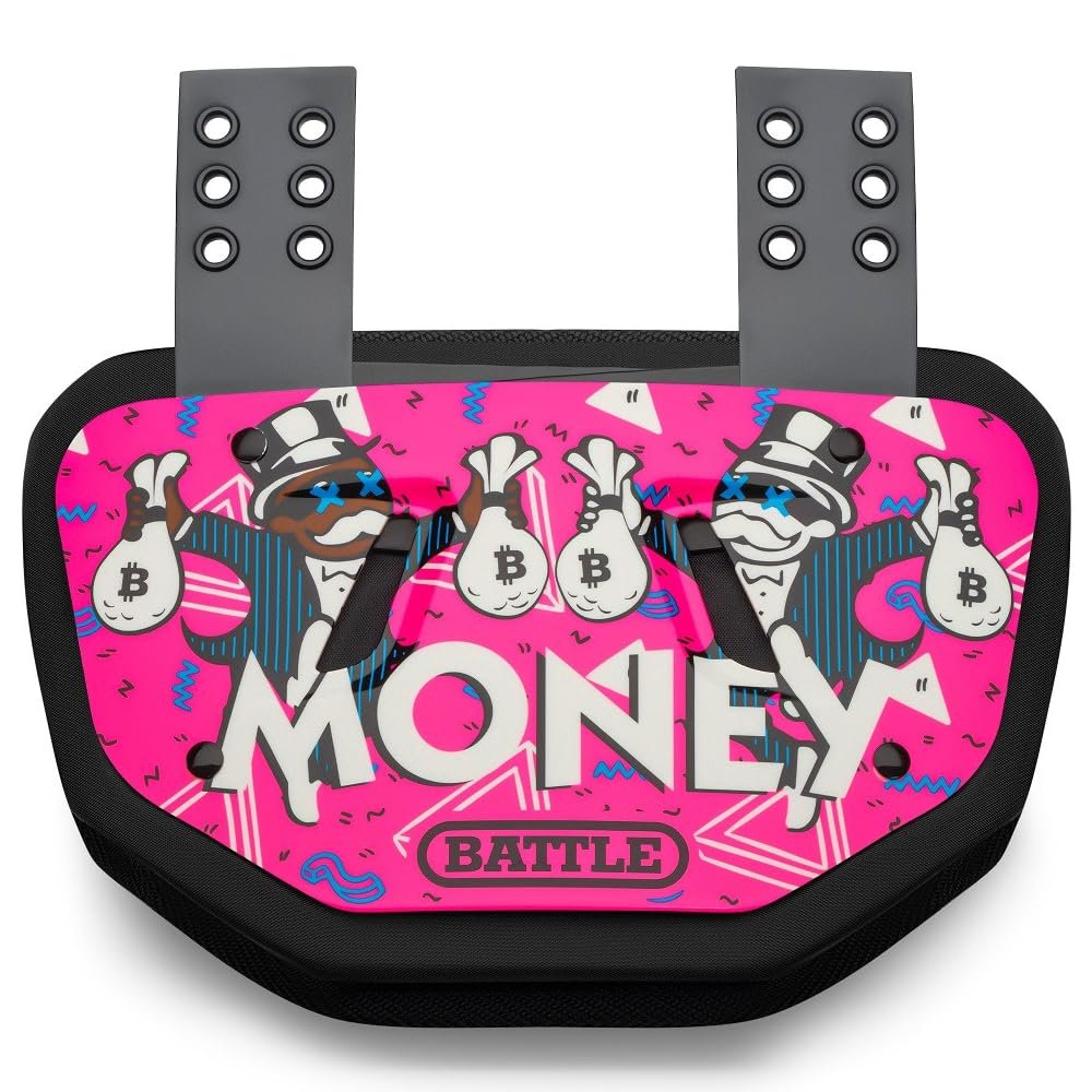 Battle Sports Novelty Football Back Plate Hard Shell Lower Back Protector with Contoured Foam for High-Impact Protection - Youth, Money Man, Pink