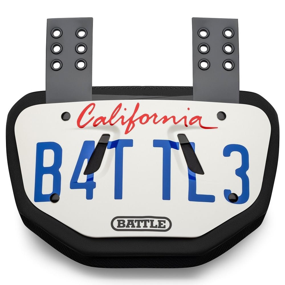 Battle Sports License Plate Football Back Plate Hard Shell Lower Back Protector with Contoured Foam for High-Impact Protection - Adult, California Plate, White