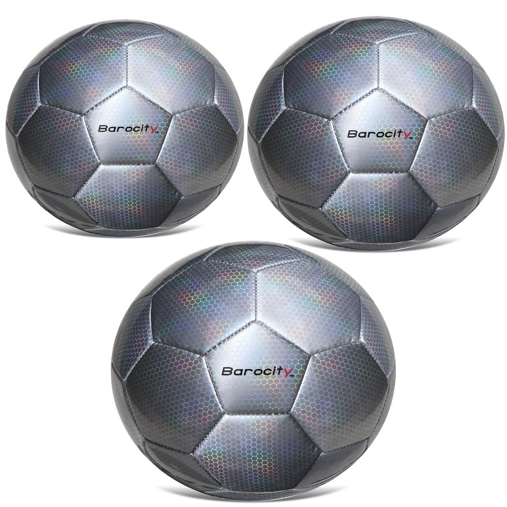 Barocity Iridescent Soccer Balls Set of 3 - Mixed Sizes Silver Official Match Balls with Reflective Hex Pattern, Soccer Balls for Indoor and Outdoor - Sizes 3, 4 and 5