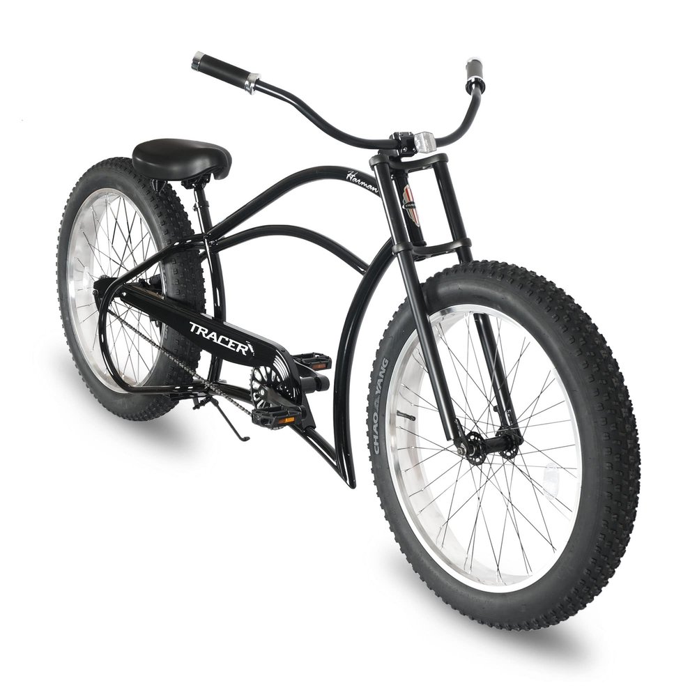 Tracer Harman Cruiser Bike, Chopper Bicycle, Rear Coaster Brake, Freestyle Steel Crankset, 26" x 4" Fat Tires, Black, Harman