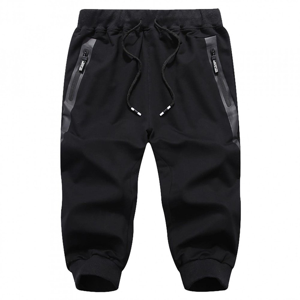 QWENTMTNTY Athletic Shorts for Men Cotton Casual Fitness Cropped Trousers Elastic Waisted Tapered Relaxed Fit Shorts Pockets Black