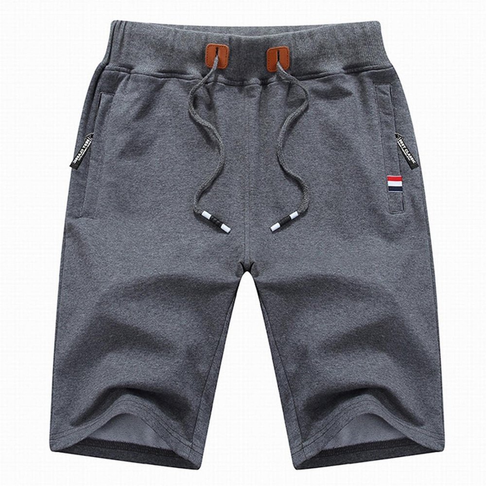 QWENTMTNTY Mens Cotton Shorts Casual Elastic Waist Drawstring Soft Gym Workout Shorts Zipper Pocket Knee Length Sweat Pants Dark Gray
