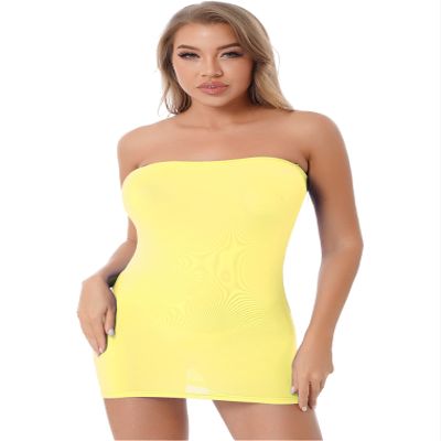 Freebily Women's Mesh Sheer Mini Tube Dress Bodycon Strapless Tight Pencil Chemise Dress Sleepwear Yellow One Size