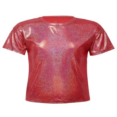 Oyolan Kids Girls Boys Metallic Shinny Athletics Short Sleeves Dance Crop Tops Hip Hop Street Performance Costume Red A 3-4 Years