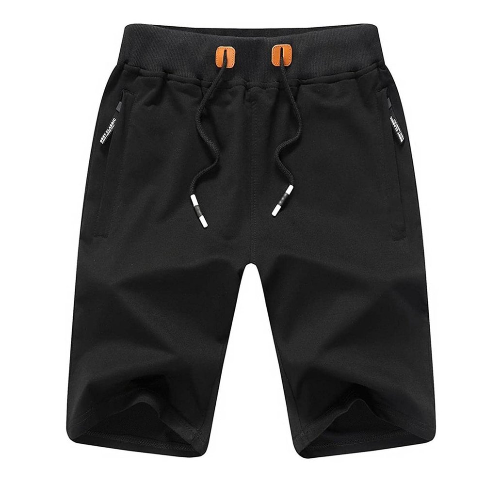 QWENTMTNTY Mens Cotton Shorts Casual Elastic Waist Drawstring Soft Gym Workout Shorts Zipper Pocket Knee Length Sweat Pants Black