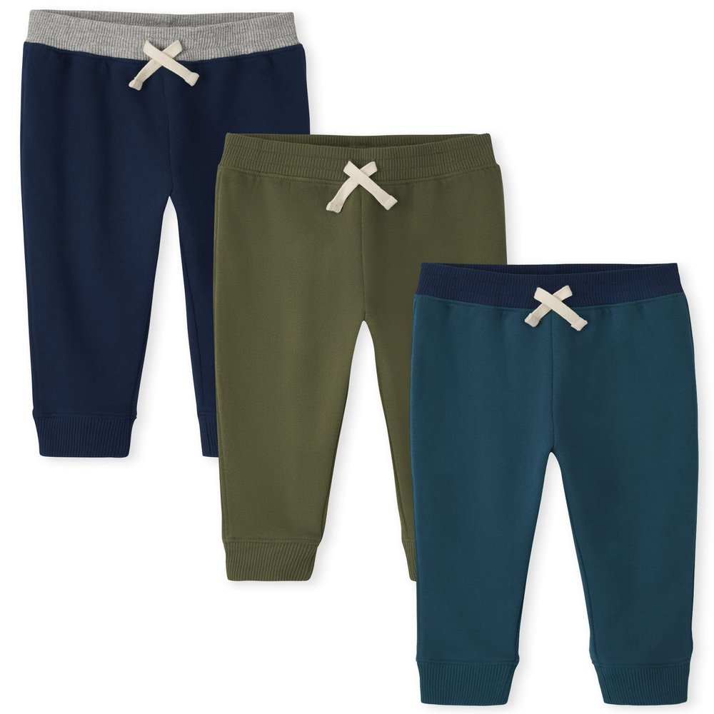 The Children's Place Baby Boys and Toddler Active Fleece Jogger 3 Pack Pants, Blue/Forest Green/Tidal, 12-18 Months US