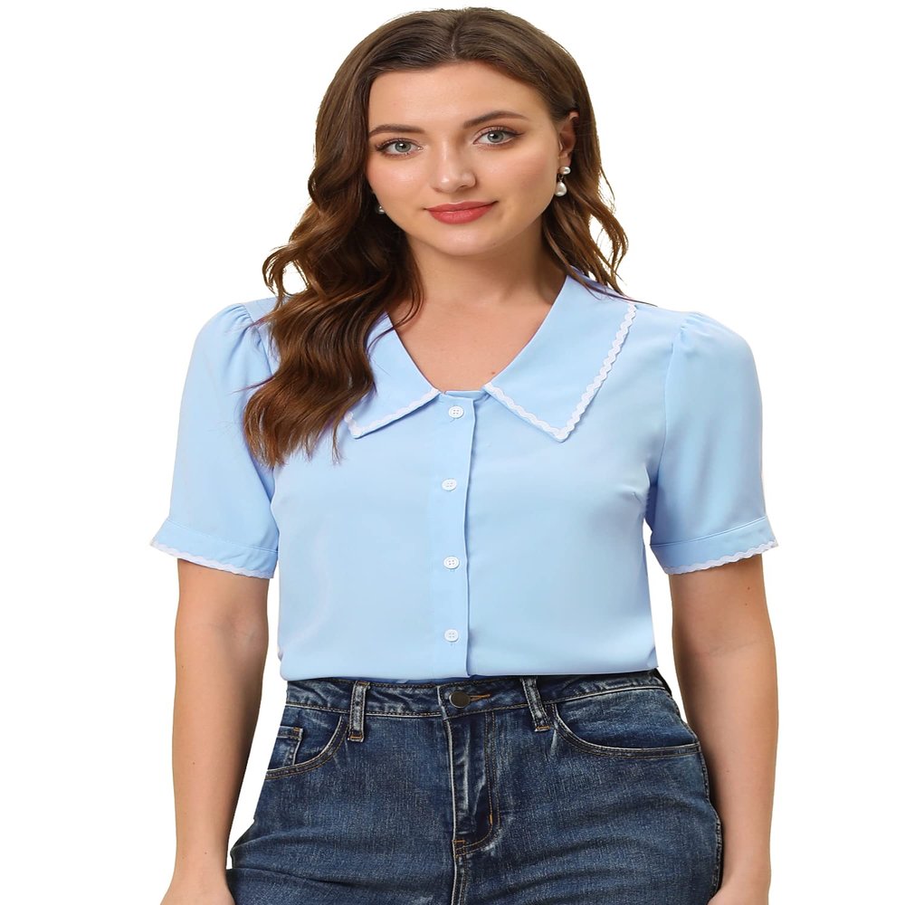 Allegra K Short Sleeve Chiffon Blouse for Women's Collared Casual Work Button Down Shirt Top Large Light Blue