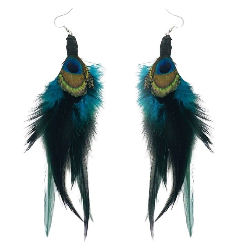 1-2PCS Gold Blue Retro Long Feather Earrings Dangle Drop Peacock Earrings Statement Bohemian Jewelry Leaves Stud Earrings for Women