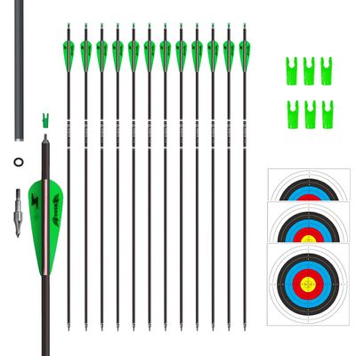 e5e10 31inch Carbon Arrow Archery Targeting Practice Hunting Arrows for Compound & Recurve Bow with Removable Tips(Pack of 12) (Green White)