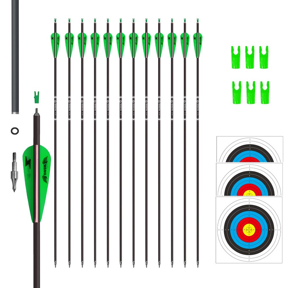 e5e10 31inch Carbon Arrow Archery Targeting Practice Hunting Arrows for Compound & Recurve Bow with Removable Tips(Pack of 12) (Green White)