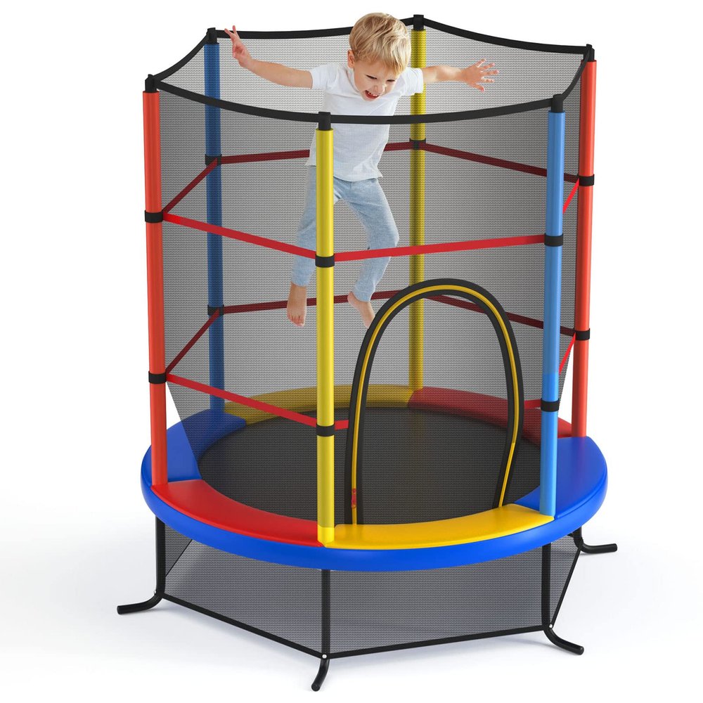 GYMAX Toddler Trampoline, 55 Trampoline for Kids with Bottom-to-Top All-Round Enclosure Net & Seamless Jumping Mat, ASTM Approved Easy Assembly Kids Mini Trampolines Indoor/Outdoor (Colorful)
