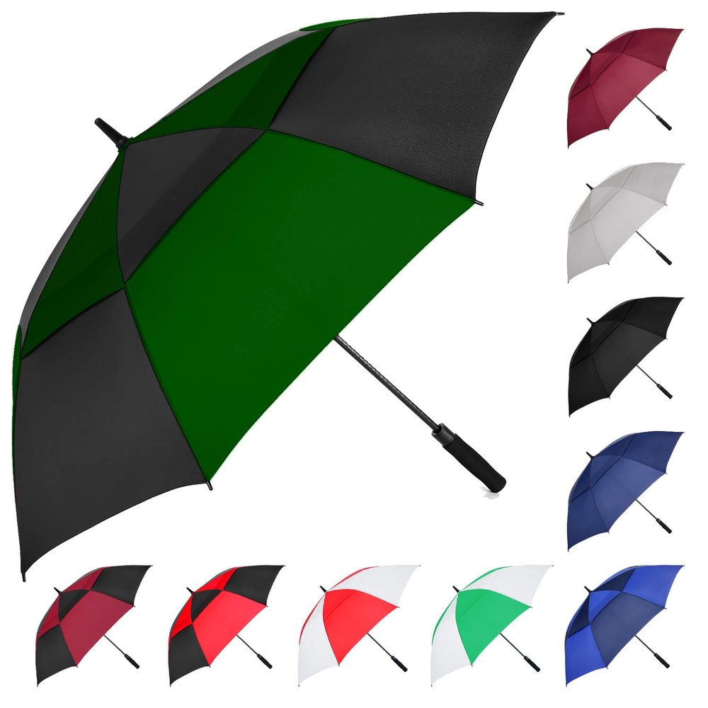 MRTLLOA Extra Large Green/Black Golf Umbrella, 54/62/68/72 Inch Automatic Open, Oversize Double Canopy Vented Windproof Waterproof Sports Umbrellas for Rain(62 Inch Green/Black)